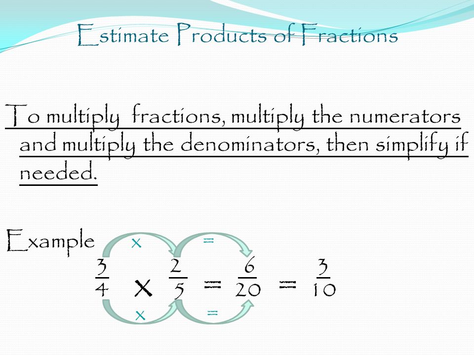 Estimate Products of Fractions To multiply fractions, multiply the numerators and multiply the denominators, then simplify if needed.