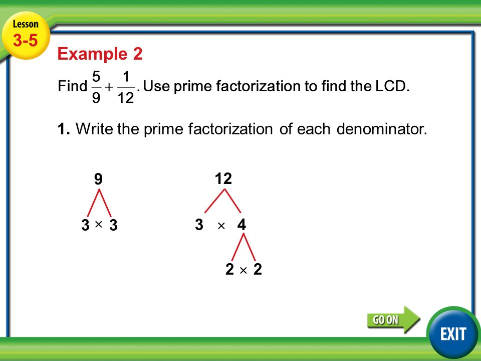 Lesson 3-5 Example Example 2 1.Write the prime factorization of each denominator.