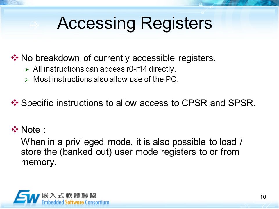 10 Accessing Registers  No breakdown of currently accessible registers.