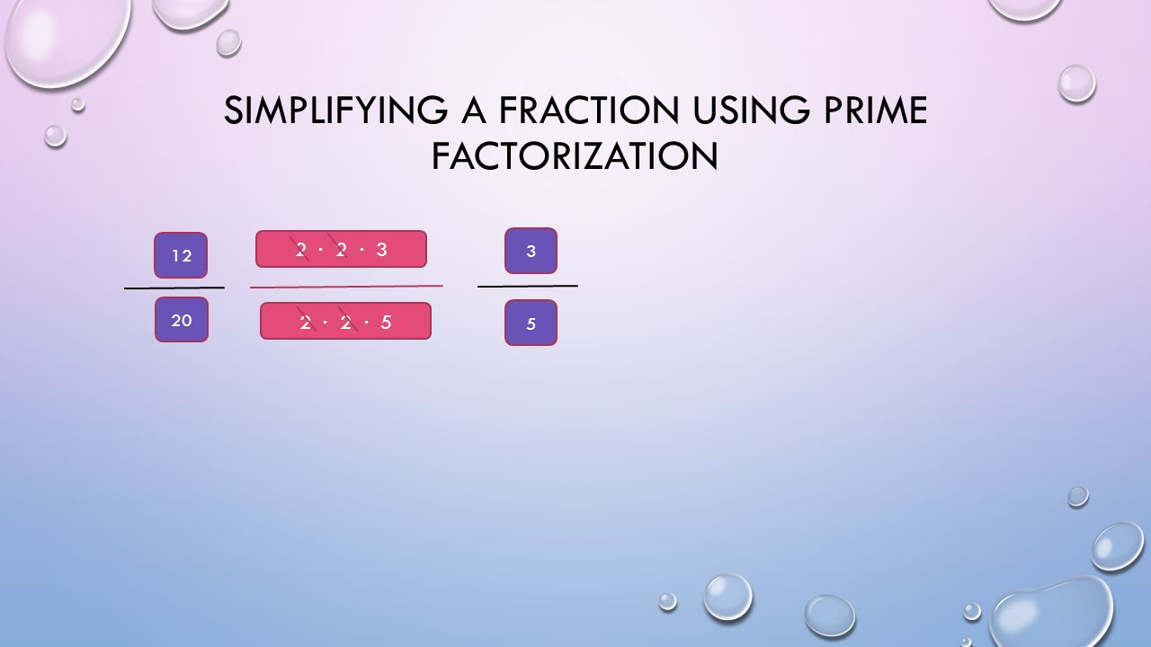 SIMPLIFYING A FRACTION USING PRIME FACTORIZATION ∙ 2 ∙ 3 2 ∙ 2 ∙ 5 3 5