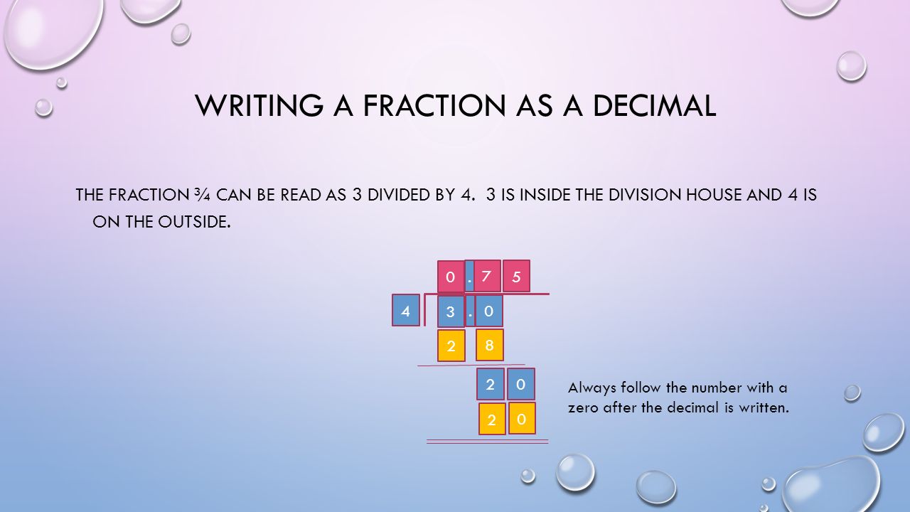 WRITING A FRACTION AS A DECIMAL THE FRACTION ¾ CAN BE READ AS 3 DIVIDED BY 4.