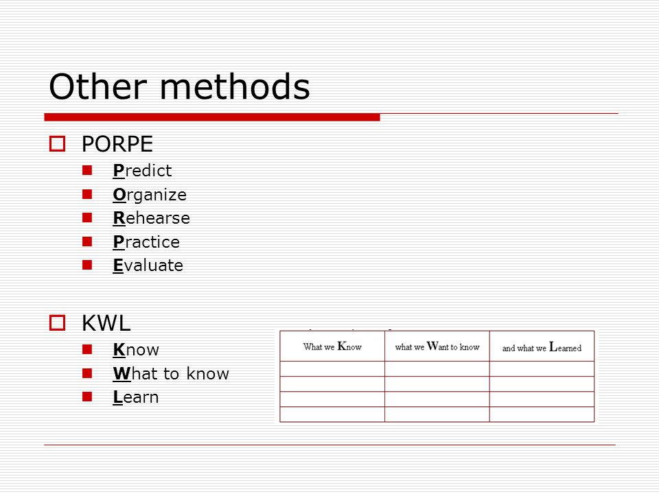 Other methods  PORPE Predict Organize Rehearse Practice Evaluate  KWL Know What to know Learn