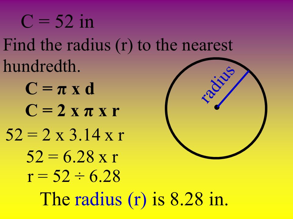 C = 52 in Find the radius (r) to the nearest hundredth.