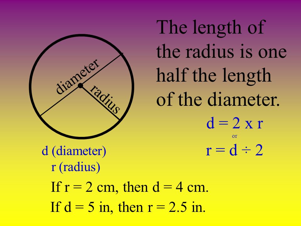 diameter radius The length of the radius is one half the length of the diameter.