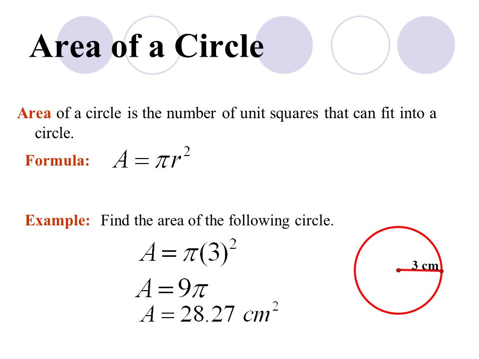 Area of a Circle Area of a circle is the number of unit squares that can fit into a circle.
