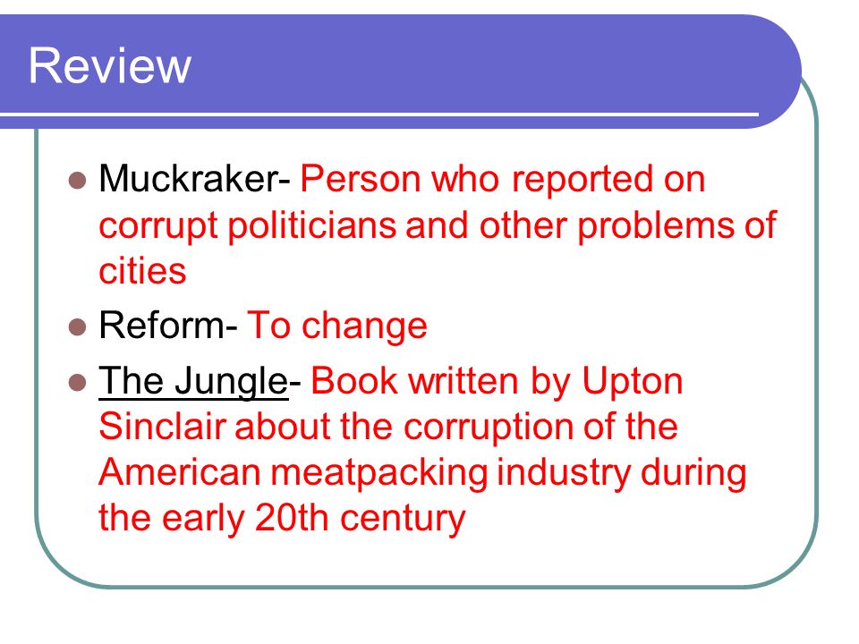 Review Muckraker- Person who reported on corrupt politicians and other problems of cities Reform- To change The Jungle- Book written by Upton Sinclair about the corruption of the American meatpacking industry during the early 20th century