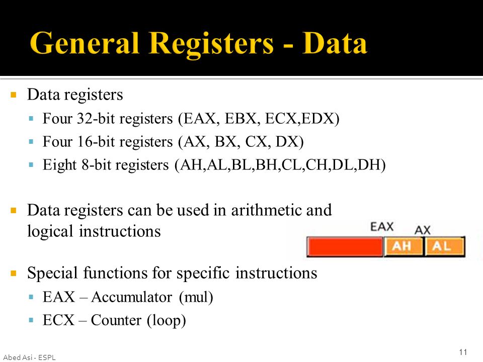  Data registers  Four 32-bit registers (EAX, EBX, ECX,EDX)  Four 16-bit registers (AX, BX, CX, DX)  Eight 8-bit registers (AH,AL,BL,BH,CL,CH,DL,DH)  Data registers can be used in arithmetic and logical instructions  Special functions for specific instructions  EAX – Accumulator (mul)  ECX – Counter (loop) Abed Asi - ESPL 11