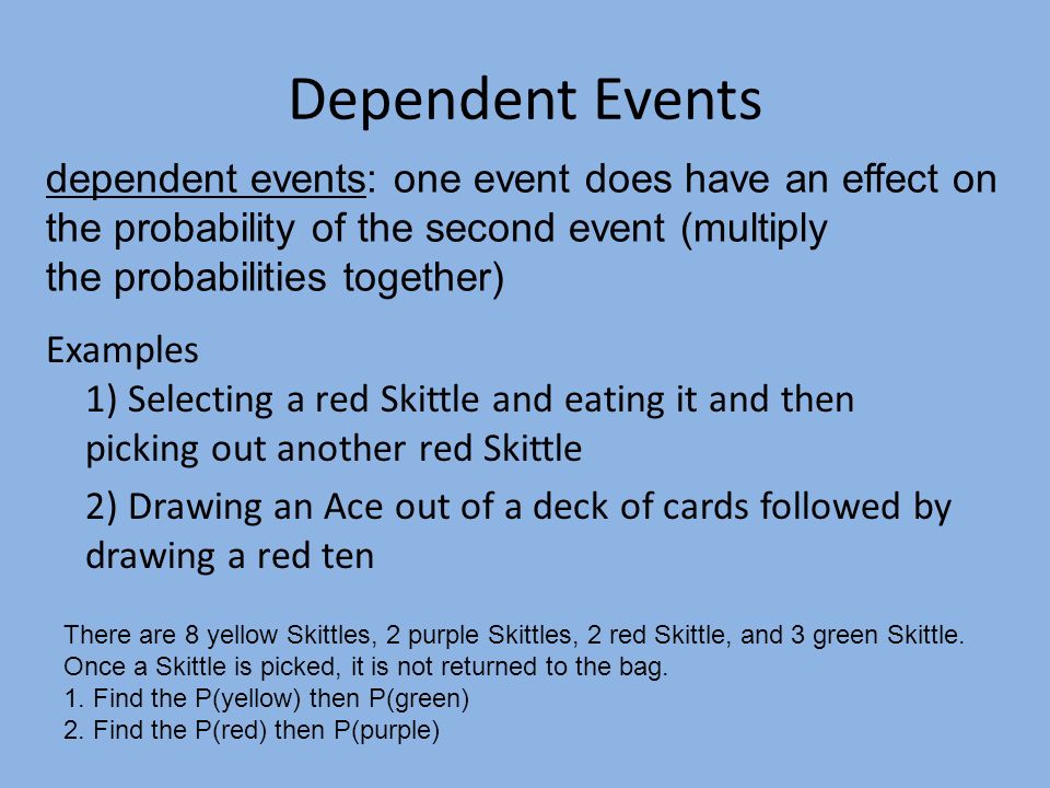 Dependent Events Examples 1) Selecting a red Skittle and eating it and then picking out another red Skittle 2) Drawing an Ace out of a deck of cards followed by drawing a red ten There are 8 yellow Skittles, 2 purple Skittles, 2 red Skittle, and 3 green Skittle.
