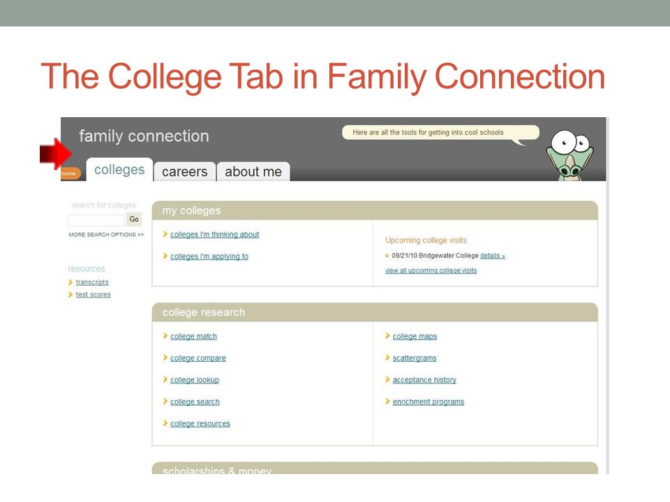 The College Tab in Family Connection
