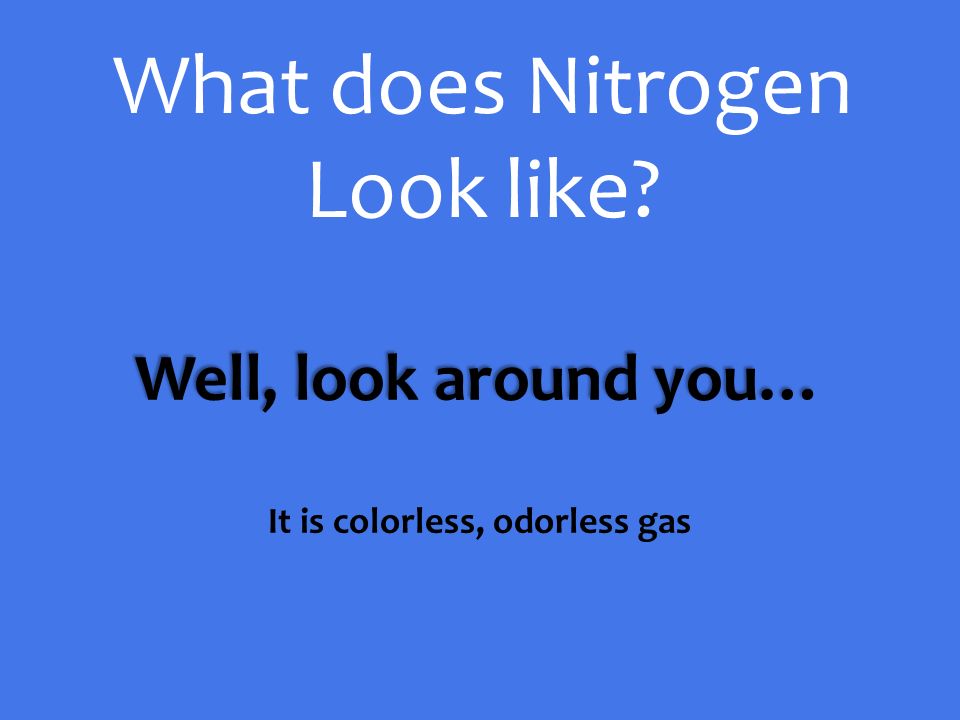 Well, look around you… Well, look around you… It is colorless, odorless gas What does Nitrogen Look like