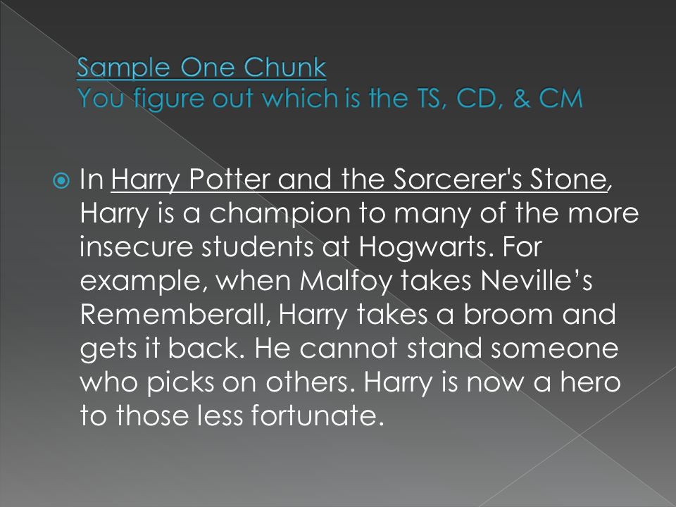  In Harry Potter and the Sorcerer s Stone, Harry is a champion to many of the more insecure students at Hogwarts.