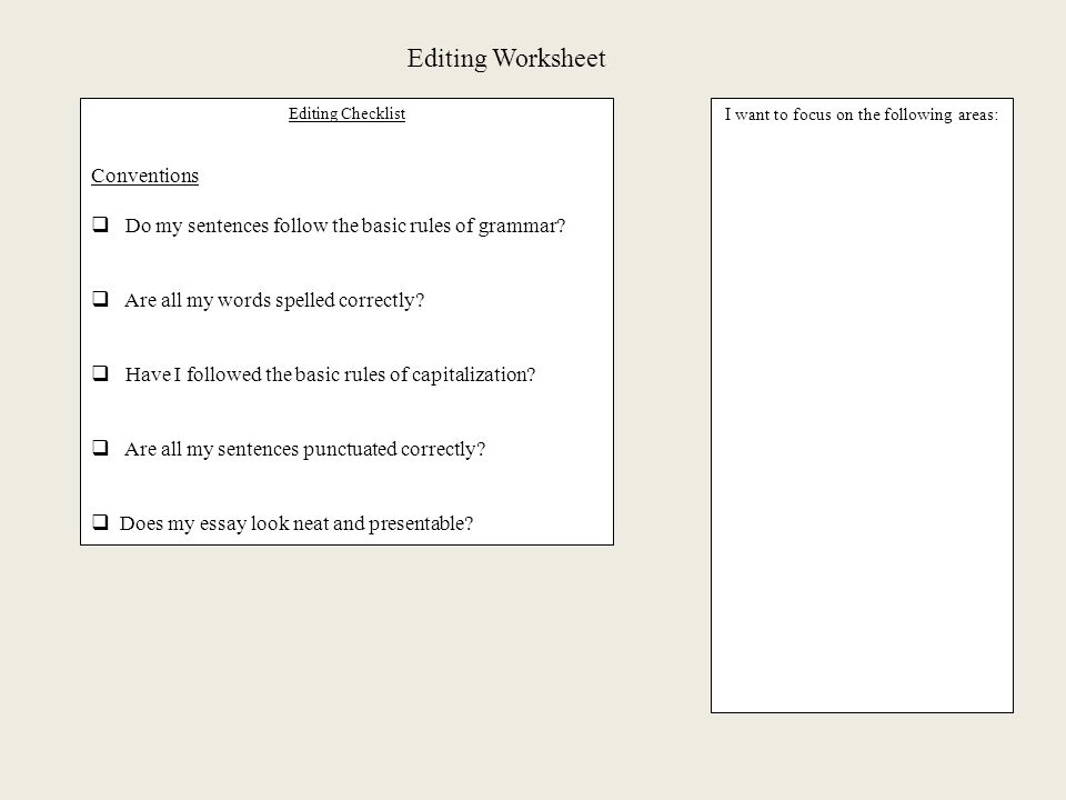 Editing Worksheet Editing Checklist Conventions  Do my sentences follow the basic rules of grammar.