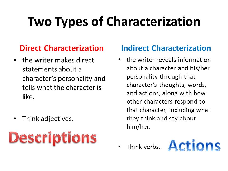 Two Types of Characterization Direct Characterization the writer makes direct statements about a character’s personality and tells what the character is like.