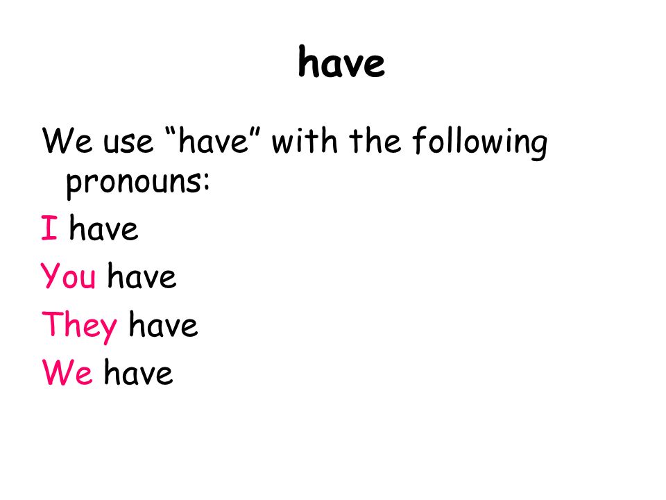 have We use have with the following pronouns: I have You have They have We have