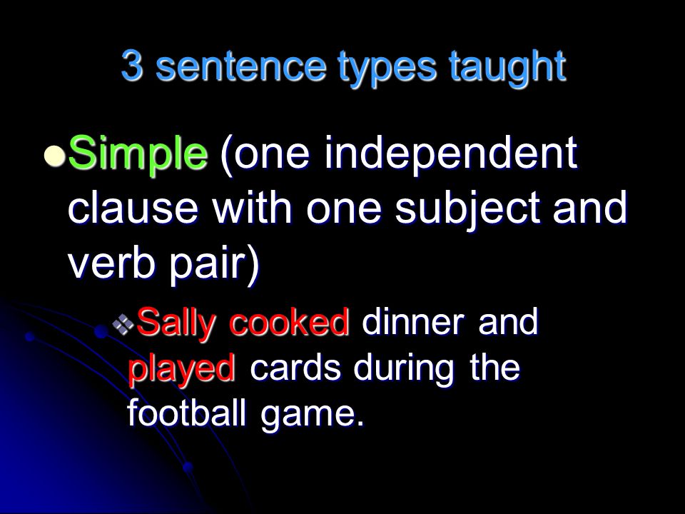 3 sentence types taught Simple (one independent clause with one subject and verb pair) Simple (one independent clause with one subject and verb pair)  Sally cooked dinner and played cards during the football game.