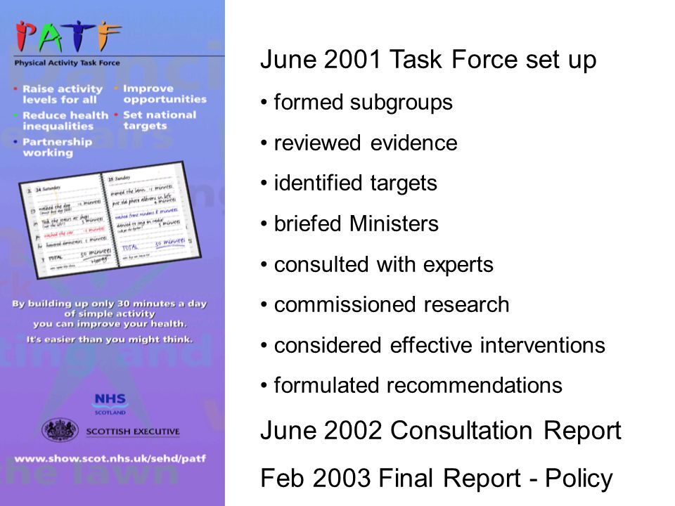 June 2001 Task Force set up formed subgroups reviewed evidence identified targets briefed Ministers consulted with experts commissioned research considered effective interventions formulated recommendations June 2002 Consultation Report Feb 2003 Final Report - Policy