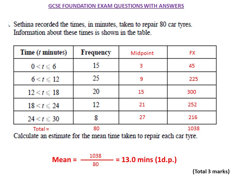 GCSE FOUNDATION EXAM QUESTIONS WITH ANSWERS Midpoint FX Total = Mean = = 13...