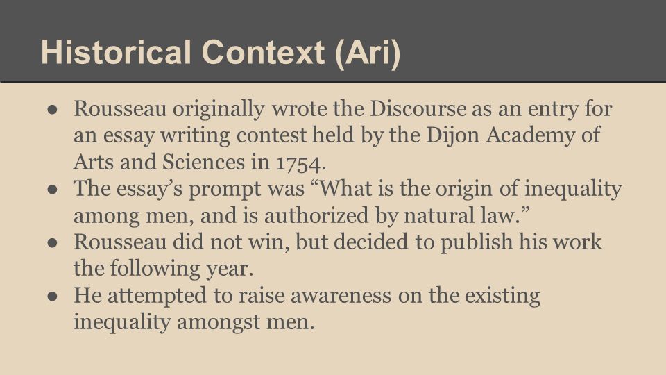 Jeanjacques Rousseau Born On June In Geneva Which At The Time Was Historical Context Ari Rousseau Originally Wrote The Discourse As An Entry For An Health Is Wealth Essay also Can I Buy An Assignment For A Masters Purchase A Powerpoint Presentation