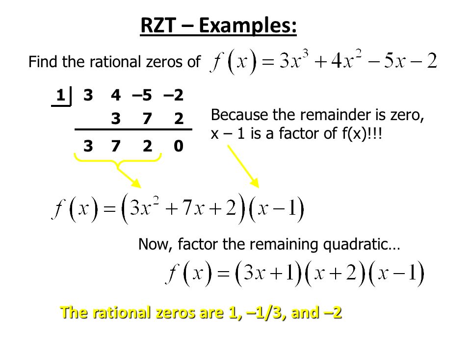RZT – Examples: Find the rational zeros of 134–5– Because the remainder is zero, x – 1 is a factor of f(x)!!.