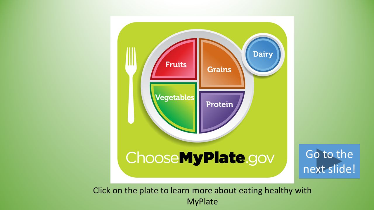 Click on the plate to learn more about eating healthy with MyPlate Go to the next slide!
