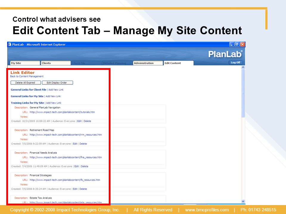 Control what advisers see Edit Content Tab – Manage My Site Content Copyright © Impact Technologies Group, Inc.