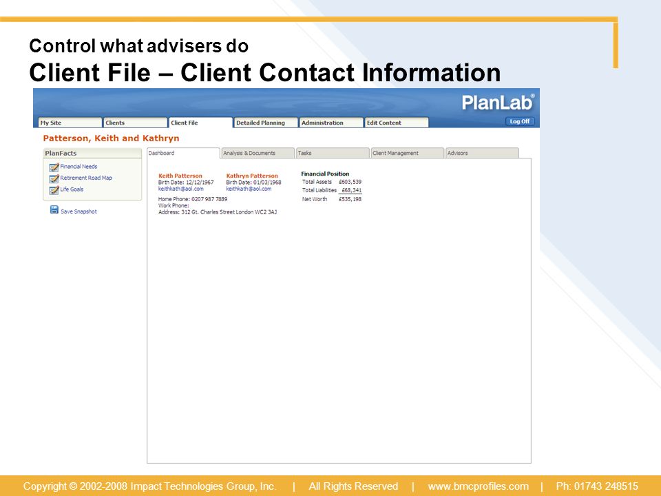 Control what advisers do Client File – Client Contact Information Copyright © Impact Technologies Group, Inc.