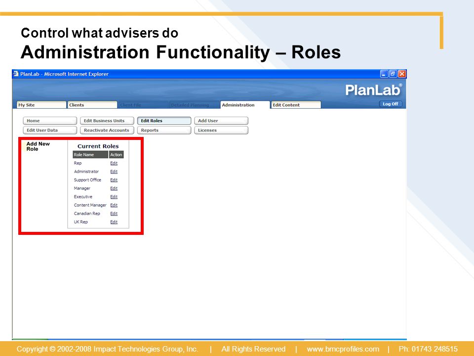 Control what advisers do Administration Functionality – Roles Copyright © Impact Technologies Group, Inc.