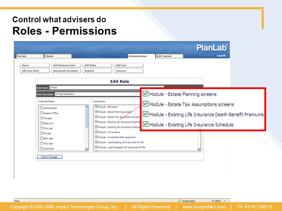 Control what advisers do Roles - Permissions Copyright © Impact Technologies Group, Inc.
