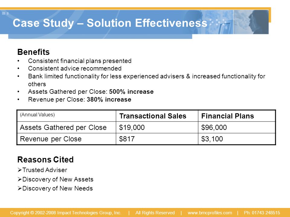 Case Study – Solution Effectiveness (Annual Values) Transactional SalesFinancial Plans Assets Gathered per Close$19,000$96,000 Revenue per Close$817$3,100 Reasons Cited  Trusted Adviser  Discovery of New Assets  Discovery of New Needs Benefits Consistent financial plans presented Consistent advice recommended Bank limited functionality for less experienced advisers & increased functionality for others Assets Gathered per Close: 500% increase Revenue per Close: 380% increase Copyright © Impact Technologies Group, Inc.