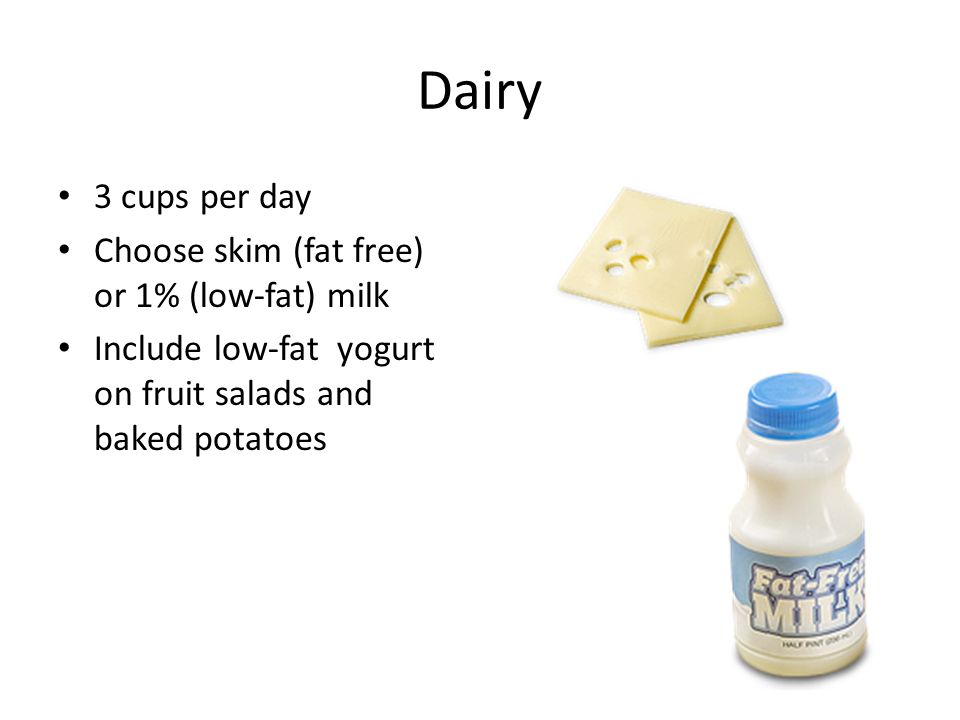 Dairy 3 cups per day Choose skim (fat free) or 1% (low-fat) milk Include low-fat yogurt on fruit salads and baked potatoes