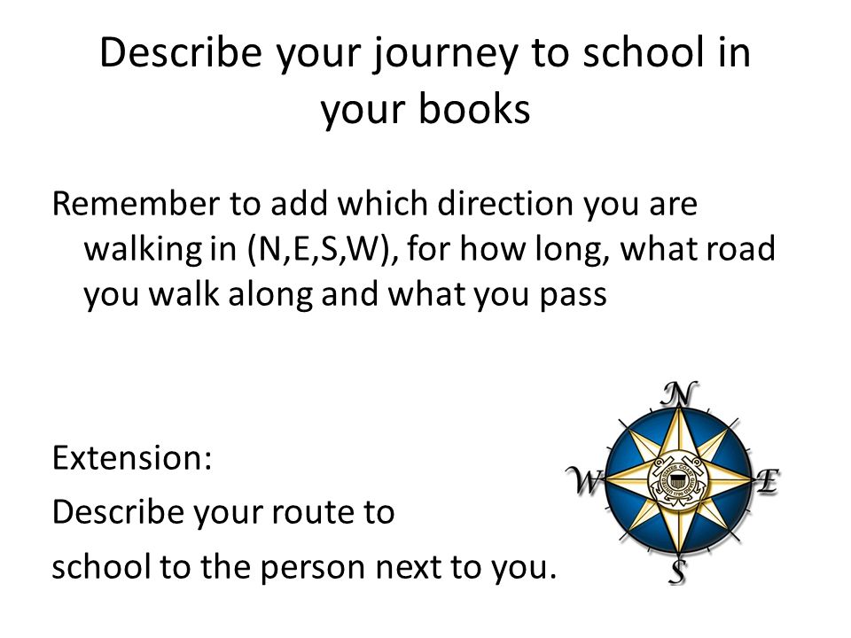 Describe your journey to school in your books Remember to add which direction you are walking in (N,E,S,W), for how long, what road you walk along and what you pass Extension: Describe your route to school to the person next to you.