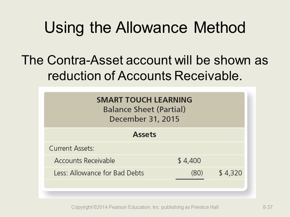 Using the Allowance Method The Contra-Asset account will be shown as reduction of Accounts Receivable.