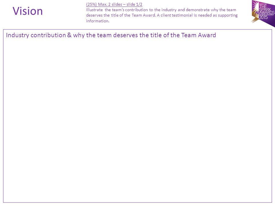 Industry contribution & why the team deserves the title of the Team Award Vision (25%) Max.