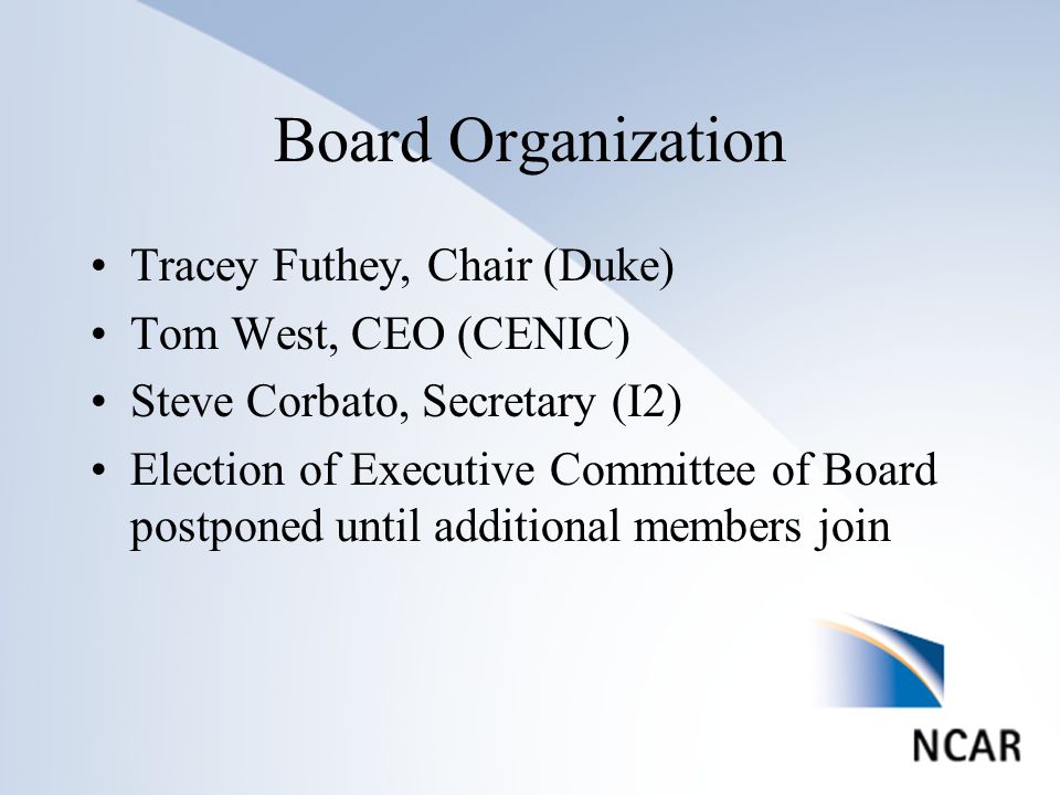 Click to edit Master title style Click to edit Master text styles –Second level Third level –Fourth level »Fifth level 4 List of Nominations Board Organization Tracey Futhey, Chair (Duke) Tom West, CEO (CENIC) Steve Corbato, Secretary (I2) Election of Executive Committee of Board postponed until additional members join