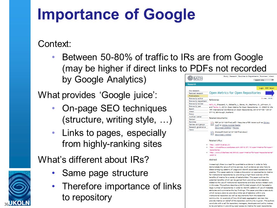 Importance of Google Context: Between 50-80% of traffic to IRs are from Google (may be higher if direct links to PDFs not recorded by Google Analytics) What provides ‘Google juice’: On-page SEO techniques (structure, writing style, …) Links to pages, especially from highly-ranking sites What’s different about IRs.