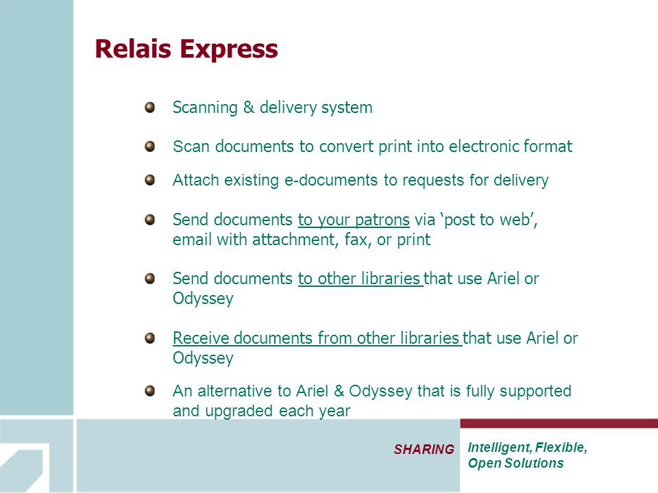 Relais Express Scanning & delivery system Scan documents to convert print into electronic format Attach existing e-documents to requests for delivery Send documents to your patrons via ‘post to web’,  with attachment, fax, or print Send documents to other libraries that use Ariel or Odyssey Receive documents from other libraries that use Ariel or Odyssey An alternative to Ariel & Odyssey that is fully supported and upgraded each year Intelligent, Flexible, Open Solutions SHARING
