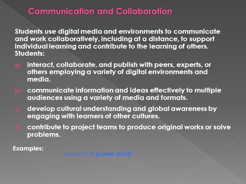 Students use digital media and environments to communicate and work collaboratively, including at a distance, to support individual learning and contribute to the learning of others.