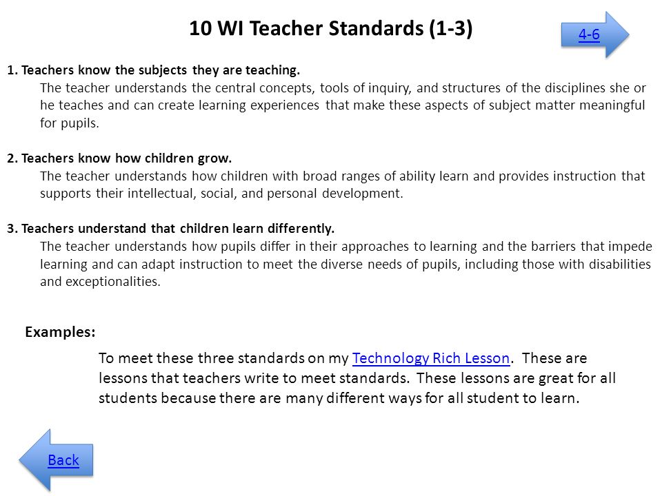10 WI Teacher Standards (1-3) 1. Teachers know the subjects they are teaching.