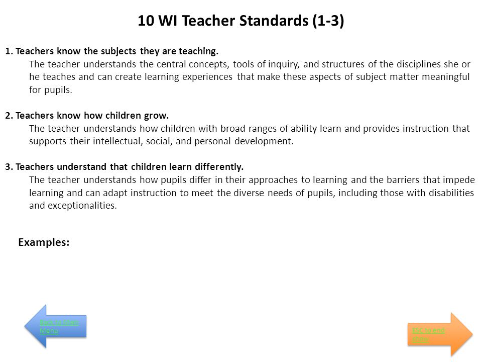 10 WI Teacher Standards (1-3) 1. Teachers know the subjects they are teaching.