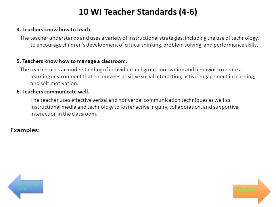 10 WI Teacher Standards (4-6) 4. Teachers know how to teach.