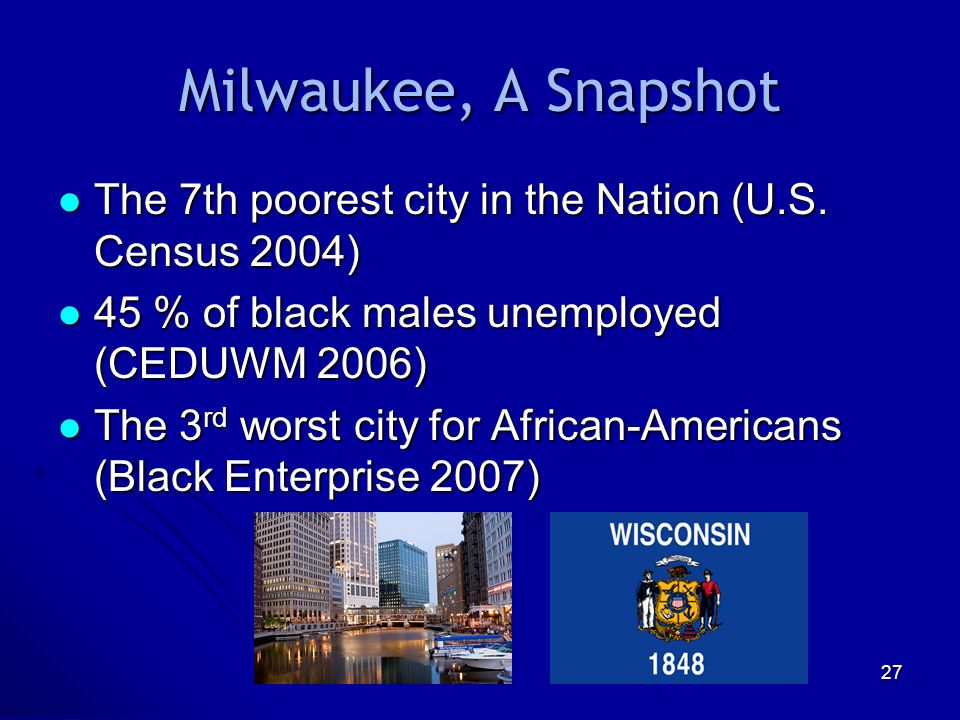 27 Milwaukee, A Snapshot The 7th poorest city in the Nation (U.S.
