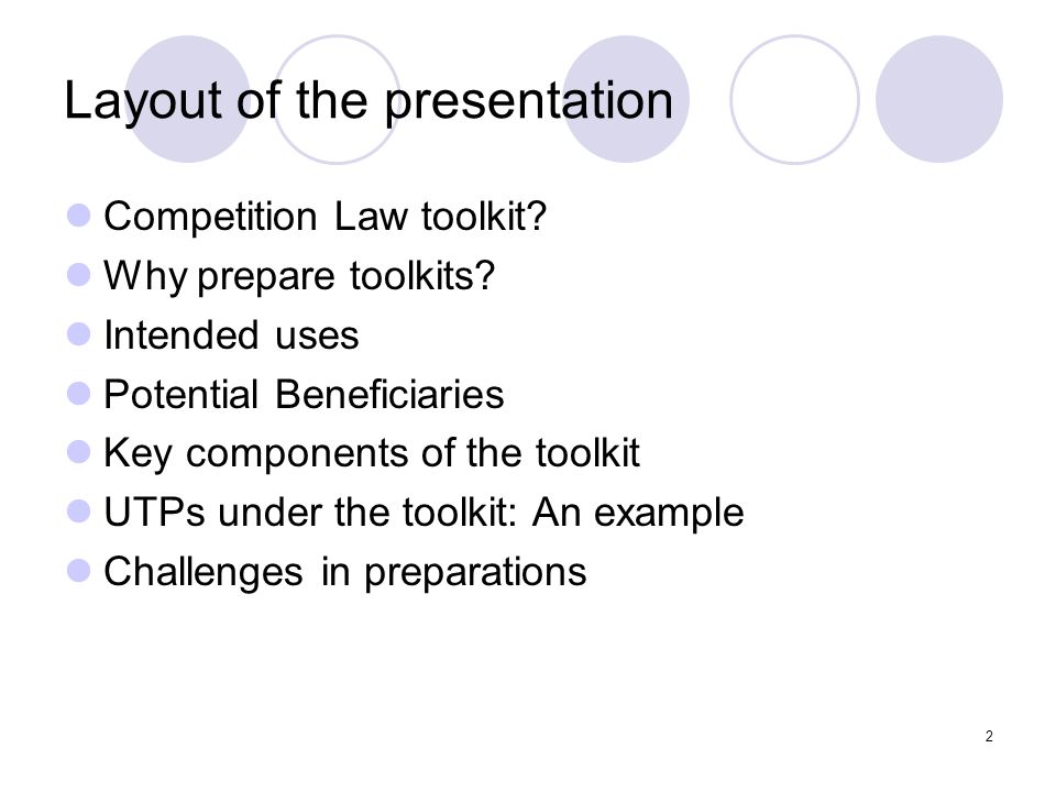 2 Layout of the presentation Competition Law toolkit.