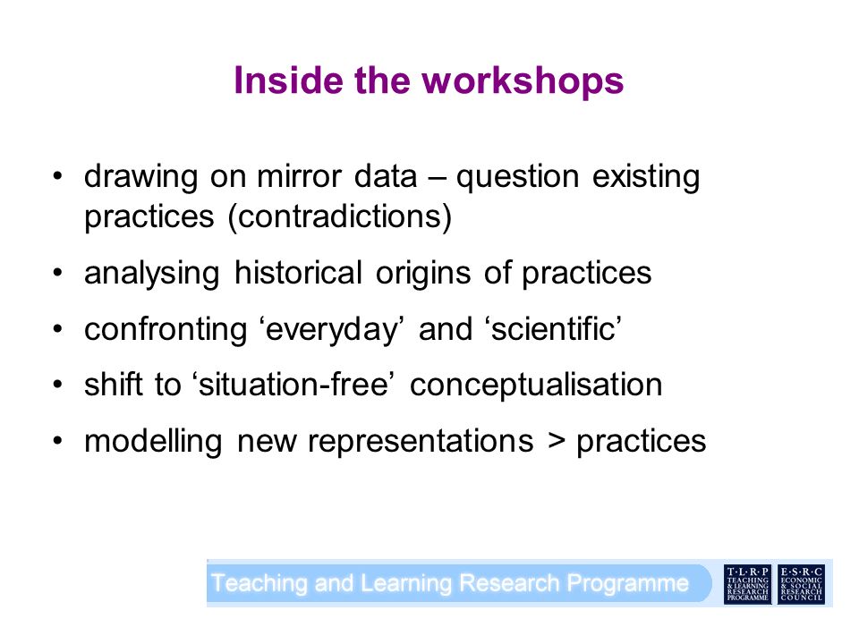 Inside the workshops drawing on mirror data – question existing practices (contradictions) analysing historical origins of practices confronting ‘everyday’ and ‘scientific’ shift to ‘situation-free’ conceptualisation modelling new representations > practices