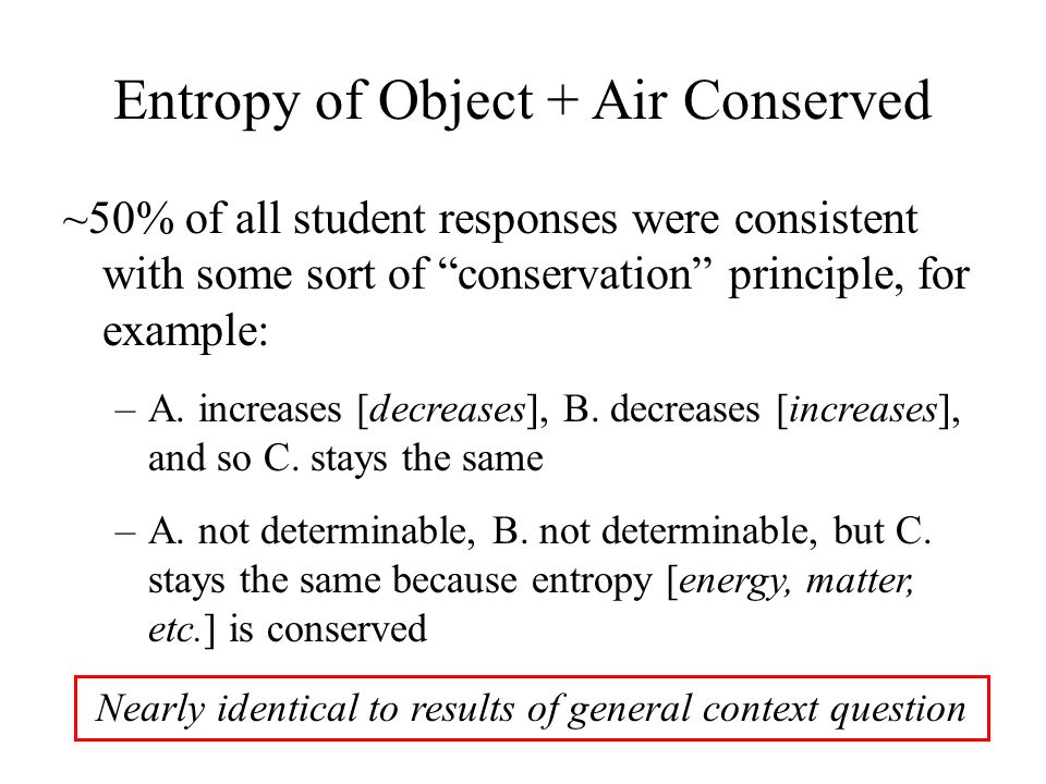 Entropy of Object + Air Conserved ~50% of all student responses were consistent with some sort of conservation principle, for example: –A.
