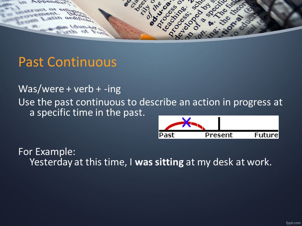 Past Continuous Was/were + verb + -ing Use the past continuous to describe an action in progress at a specific time in the past.