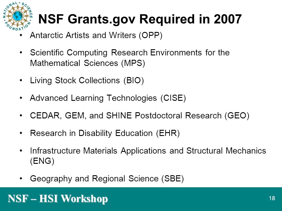 NSF – HSI Workshop 18 NSF Grants.gov Required in 2007 Antarctic Artists and Writers (OPP) Scientific Computing Research Environments for the Mathematical Sciences (MPS) Living Stock Collections (BIO) Advanced Learning Technologies (CISE) CEDAR, GEM, and SHINE Postdoctoral Research (GEO) Research in Disability Education (EHR) Infrastructure Materials Applications and Structural Mechanics (ENG) Geography and Regional Science (SBE)
