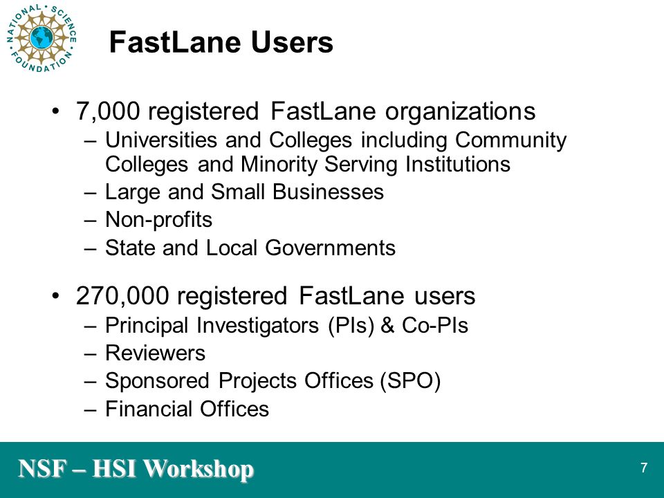 NSF – HSI Workshop 7 FastLane Users 7,000 registered FastLane organizations –Universities and Colleges including Community Colleges and Minority Serving Institutions –Large and Small Businesses –Non-profits –State and Local Governments 270,000 registered FastLane users –Principal Investigators (PIs) & Co-PIs –Reviewers –Sponsored Projects Offices (SPO) –Financial Offices