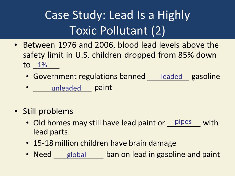 Case Study: Lead Is a Highly Toxic Pollutant (2) Between 1976 and 2006, blood lead levels above the safety limit in U.S.