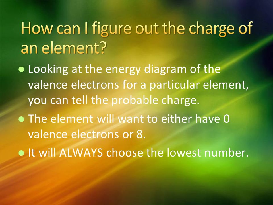 l Looking at the energy diagram of the valence electrons for a particular element, you can tell the probable charge.