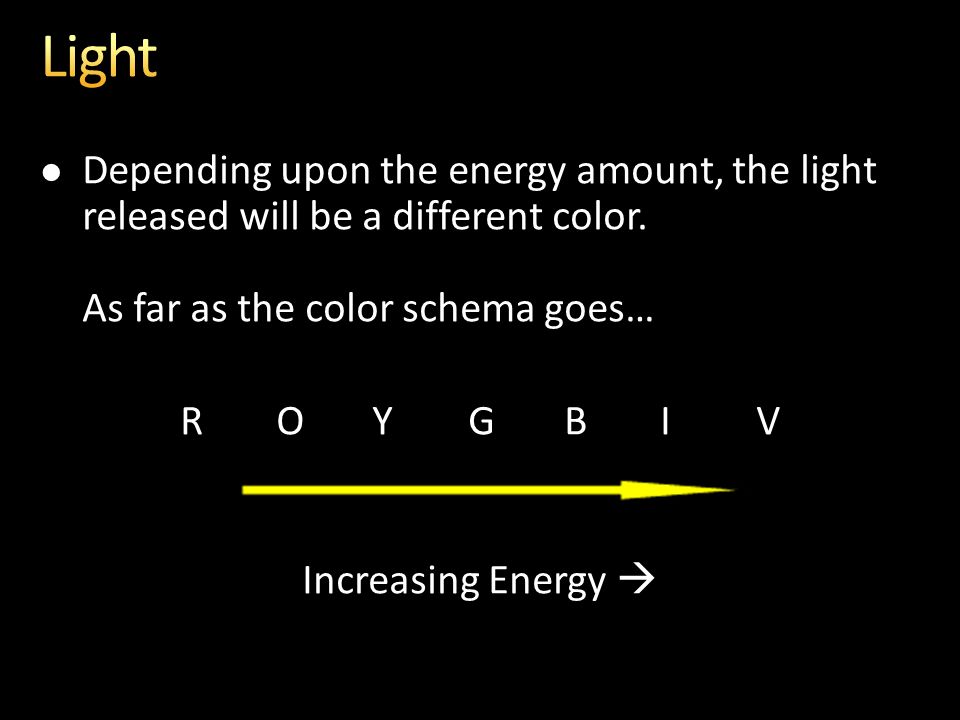 Depending upon the energy amount, the light released will be a different color.